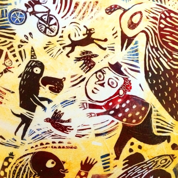 Nancy Doniger ‘The Chase’ monotype with Akua inks on Masa Paper